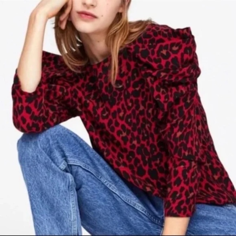 Zara Red and Black Leopard Print Blouse